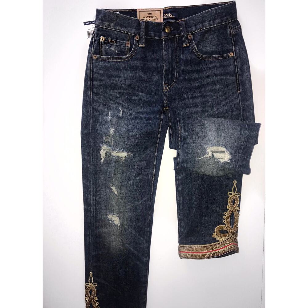 Polo Ralph Lauren Waverly Straight Crop Embroidered Blue Jeans Size 26 NWT $298